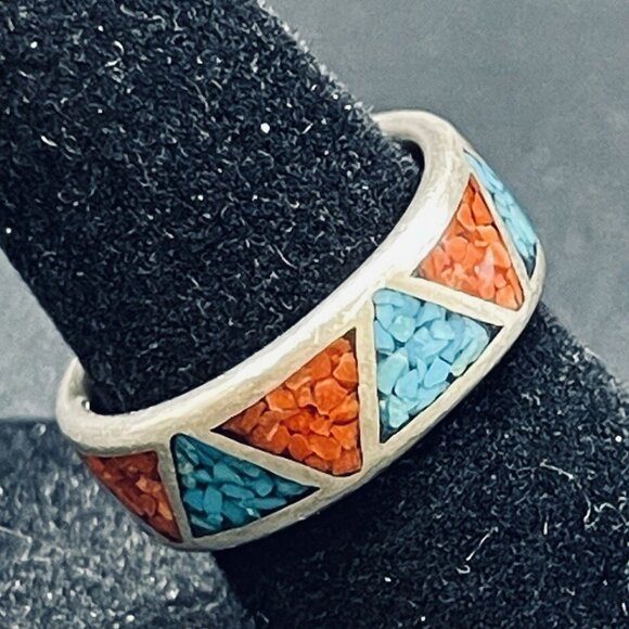 Carolyn Pollack Relios ring Silver 925 Navajo SW CORAL & TURQUOISE S 5.5 << 6 - Picture 6 of 10